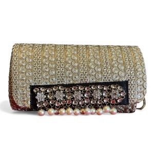 Elegant Gold Clutch with Pearl Accents